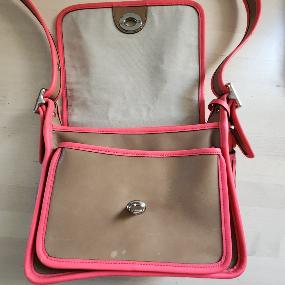 Coach Rambler Tan & Coral Leather Flap Shoulder Bag - Picture 10 of 14
